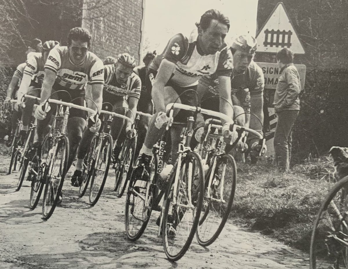 Paris-Roubaix 1982. Freddy Maertens in the rainbow jersey, top left, Jonathan Boyer, right, and Gerrie Knetemann, centre, with Daniel Willems leading in the second shot. 📷 John Coles