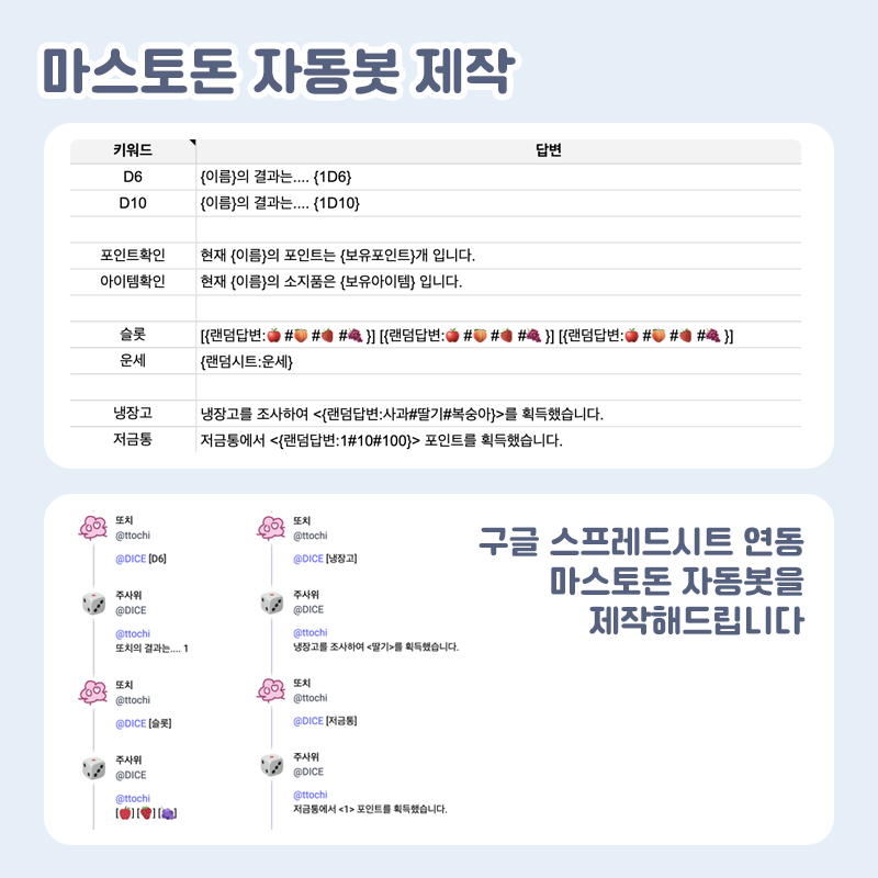 RT❤

🎲 마스토돈 자동봇 커미션 🎲

구글 스프레드 시트를 연동하여  
마스토돈 자캐커뮤용 자동봇을 제작해 드립니다!

콜리 : kre.pe/iWZC
오픈카톡 : open.kakao.com/o/spXl93pb