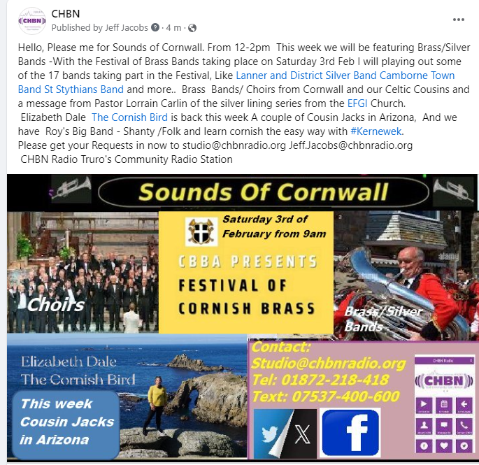 Sounds Of Cornwall 12-2pm today only on
<a href="/CHBNRadio/">CHBN Radio</a> 100.8FM chbnradio.org Brass-Silver Bands Heads up to Saturday and The Festival of Brass in Newquay 17 bands taking part / <a href="/ESDale77/">Elizabeth Dale 〓〓 Cornish Bird</a>
story of Couple of Cousin Jacks in Arizona #Brassbands #Celtic #Kernewek #Choirs #Folk