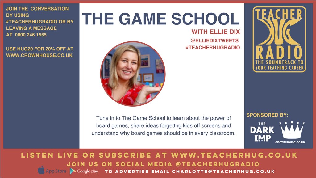 Next up, check into The Game School with @EllieDixTweets who is full of ideas and inspiration to help us get away from our screens and into the brilliant board games she recommends! Listen live at teacherhug.co.uk #TeacherHugRadio