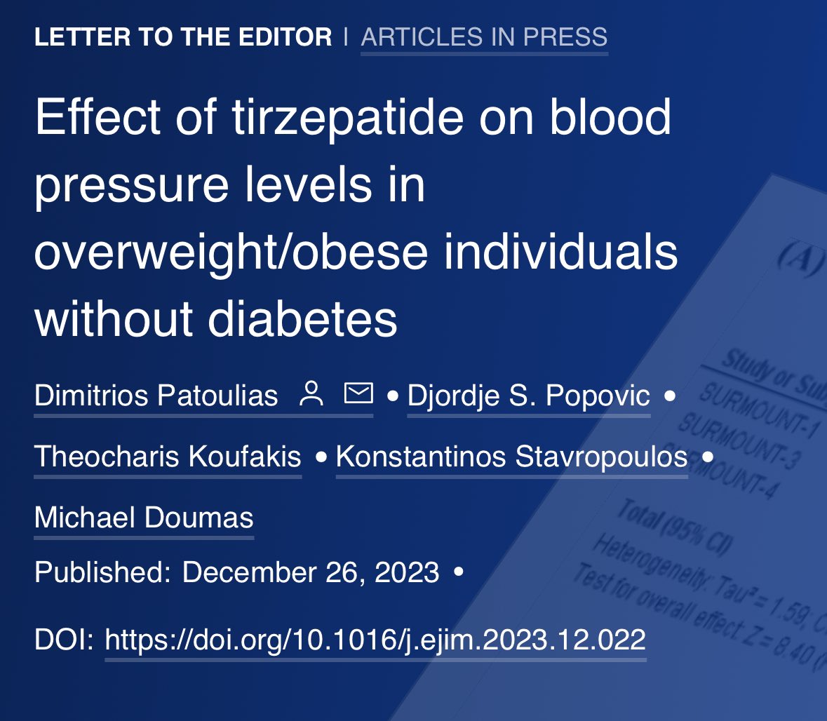 This meta-analysis of 3 placebo-controlled RCTs found that #tirzepatide has a beneficial effect on blood pressure. ejinme.com/article/S0953-…