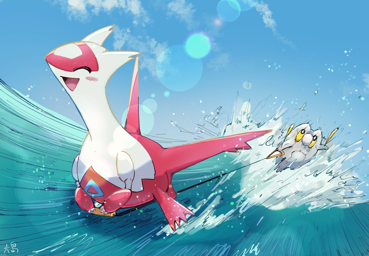 latias pokemon (creature) no humans open mouth outdoors day closed eyes water  illustration images