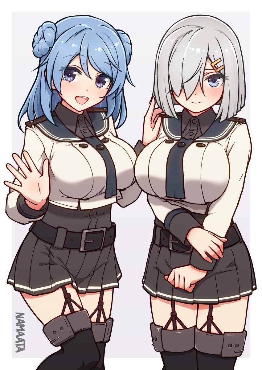 hamakaze (kancolle) ,urakaze (kancolle) cosplay multiple girls 2girls blue eyes double bun garter straps hair bun  illustration images