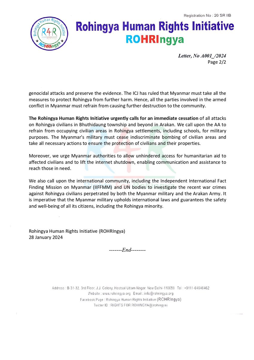 Sabber914's tweet image. 1/2 #R4R urgently calls for an immediate cessation of all attacks on #Rohingya civilians in #Bhuthidaung township and beyond in Arakan. We call upon the AA to refrain from occupying civilian areas in Rohingya settlements, including schools, for military purposes.@BobRae48 @hrw