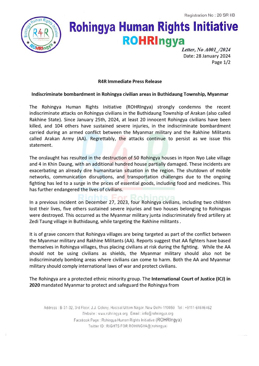 Sabber914's tweet image. 1/2 #R4R urgently calls for an immediate cessation of all attacks on #Rohingya civilians in #Bhuthidaung township and beyond in Arakan. We call upon the AA to refrain from occupying civilian areas in Rohingya settlements, including schools, for military purposes.@BobRae48 @hrw
