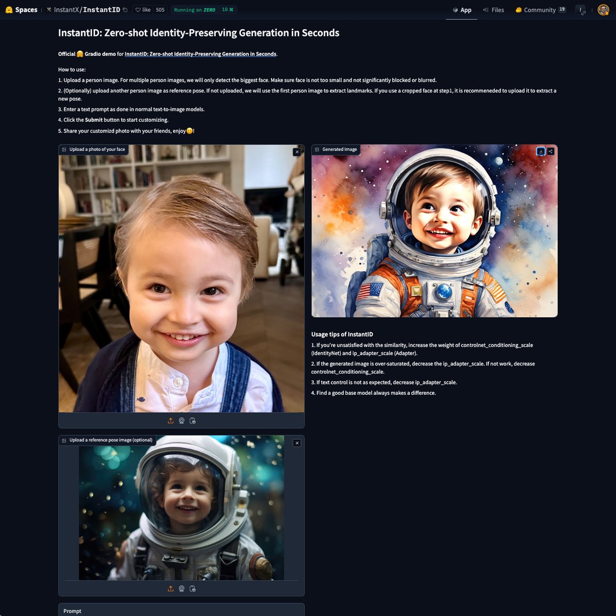 mvaloatto's tweet photo. I've been playing with #InstantID on @huggingface lately, it can generate amazing results with a single reference image (via ControlNet). My son is a big fan, @Haofan_Wang 👏 :) https://t.co/jnmsFauEAp https://t.co/bFIzGmmogN
