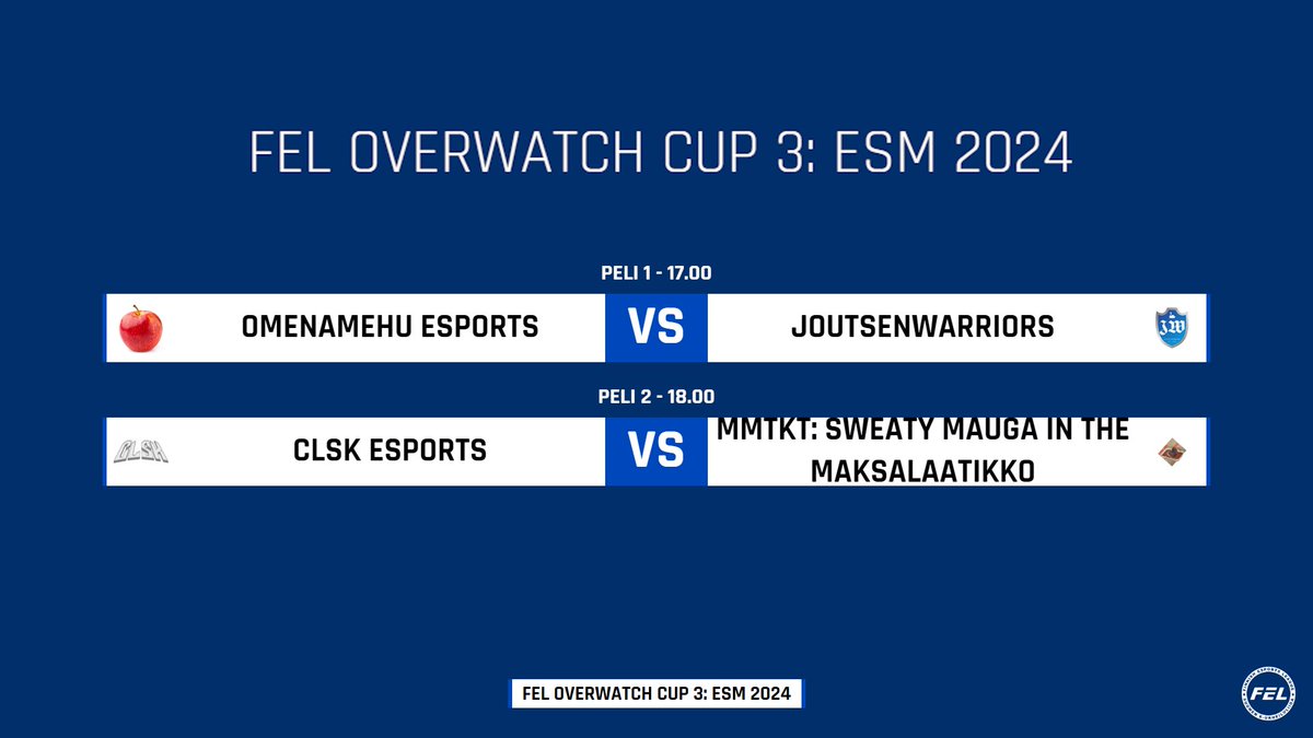 Suomi OW (@suomioverwatch) on Twitter photo Tänään pelataan lohkovaiheen viimeinen kierros!
🕔16.45 | Matsiennakot
⚔️17.00 | omenamehu esports vs. JoutsenWarriors
⚔️18.00 | <a href="/CLsK_Esports/">CLsK_Esports</a> vs. <a href="/tappajat/">tappo käärmeen tappajat</a>
twitch.tv/esportsfinland Tänään pelataan lohkovaiheen viimeinen kierros!
🕔16.45 | Matsiennakot
⚔️17.00 | omenamehu esports vs. JoutsenWarriors
⚔️18.00 | <a href="/CLsK_Esports/">CLsK_Esports</a> vs. <a href="/tappajat/">tappo käärmeen tappajat</a>
twitch.tv/esportsfinland