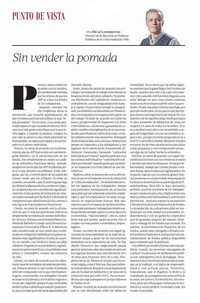 barbarabricenok's tweet photo. Notable, imperdible y valiente columna de @OLanderretche sobre pensiones.
Basta de vender la pomada, es hora de ponerse serios.
Ojalá hubieran más economistas de su sector que se atrevieran a decir las cosas como son, aunque sea impopular ir en contra de los mentiras instaladas. https://t.co/5jZuztolqC
