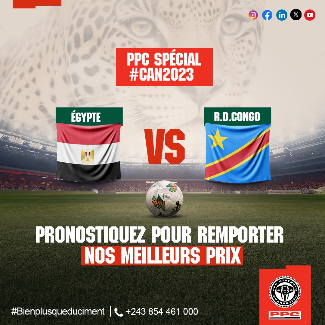 PpcProduits's tweet image. #ConcoursPronostics
Participez à notre concours pronostics et gagnez des sacs de ciment et bien d&apos;autres récompenses.

Conditions de participation:
- S&apos;abonner à la page
- Partager le post
- Et donner un bon score

NB: Clôture de pronostics: 20h30

#Can2023  #Egypte #RDC