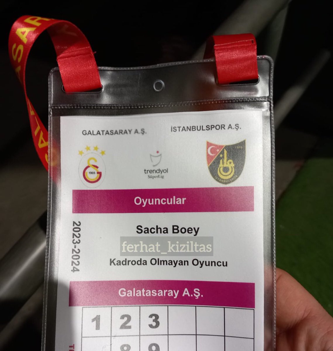 Boey’in Galatasaray’daki son akreditasyon kartı. Meğersem o gün gitmiş.