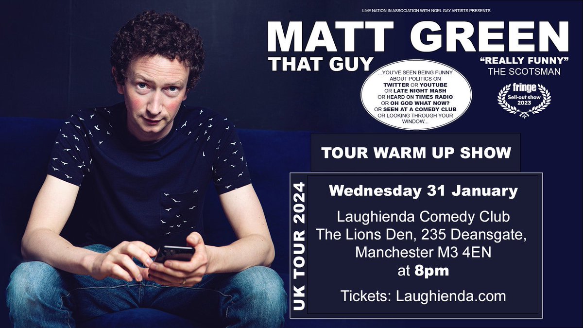 Manchester! Twitter sensation @MattGreenComedy’s warm up tour hits our club at Lions Den this Wednesday! 🔥

Tickets are on sale now! 🎟️
Matt.Laughienda.com
.
.
.
.

#comedy #manchester #deansgate #live #events #comedynight #comedyclub #laughienda #lionsden #mattgreen
