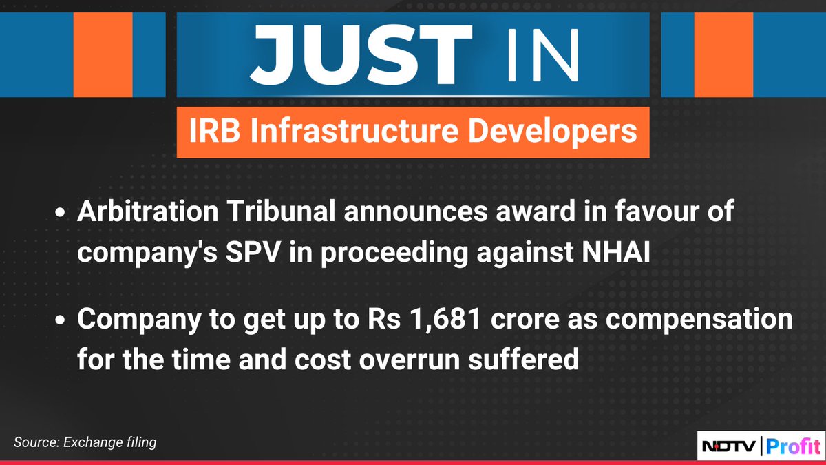 NDTVProfitIndia's tweet image. Arbitration Tribunal announces award in favour of #IRBInfrastructureDevelopers&apos;s SPV in proceeding against NHAI.

For the latest news and updates, visit: ndtvprofit.com