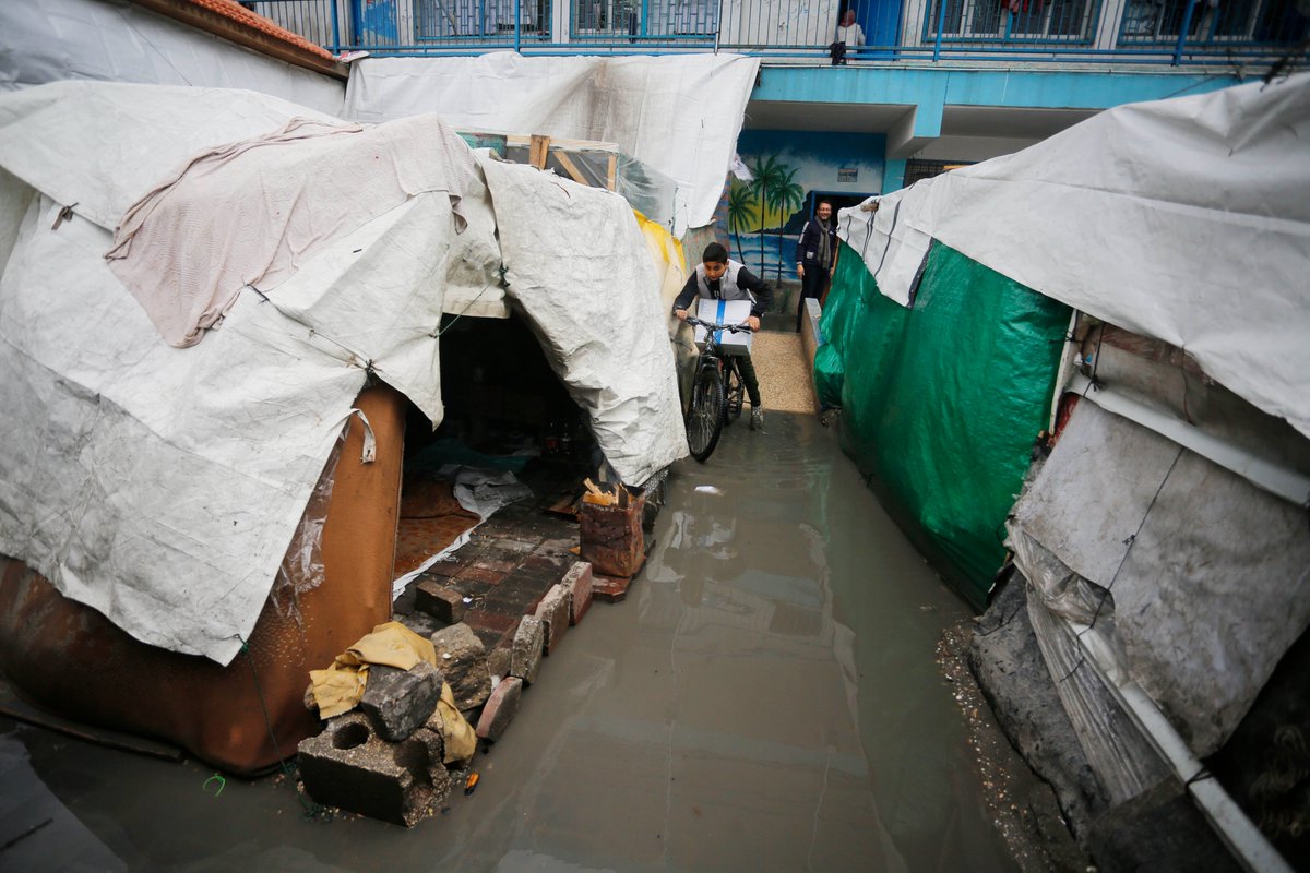 UNRWA's tweet photo. Wet weather in📍#Gaza has intensified suffering for hundreds of thousands of displaced people, making an already unbearable situation completely uninhabitable.
Many people were forced to flee with just the clothes on their back. Families are now sleeping in water on the floor. https://t.co/3LccfkGpwT