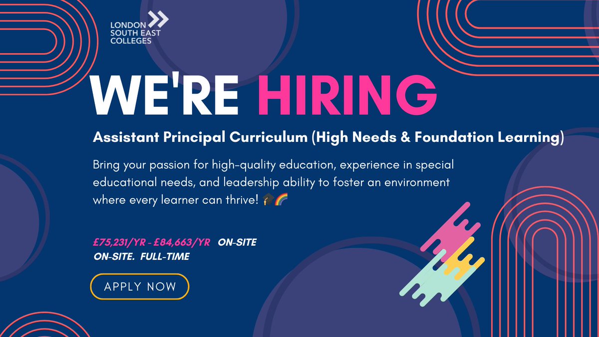 LSEColleges's tweet image. We're Hiring - Elevate your career in education with London South East Colleges! 🏫 

Assistant Principle Curriculum - High Needs &amp;amp; Foundation Learning 🎓

Be a part of our dynamic and successful organization! 

ow.ly/OwRJ50QtWqo

#LSEC #Director