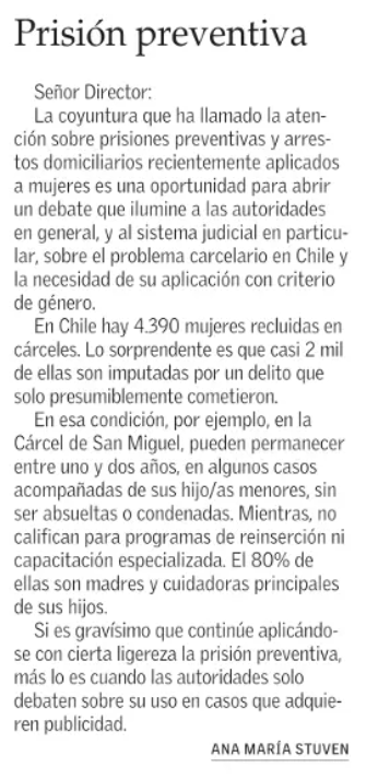 Conmovedora carta de Ana María Stuven sobre la situación de las mujeres con prisión preventiva
