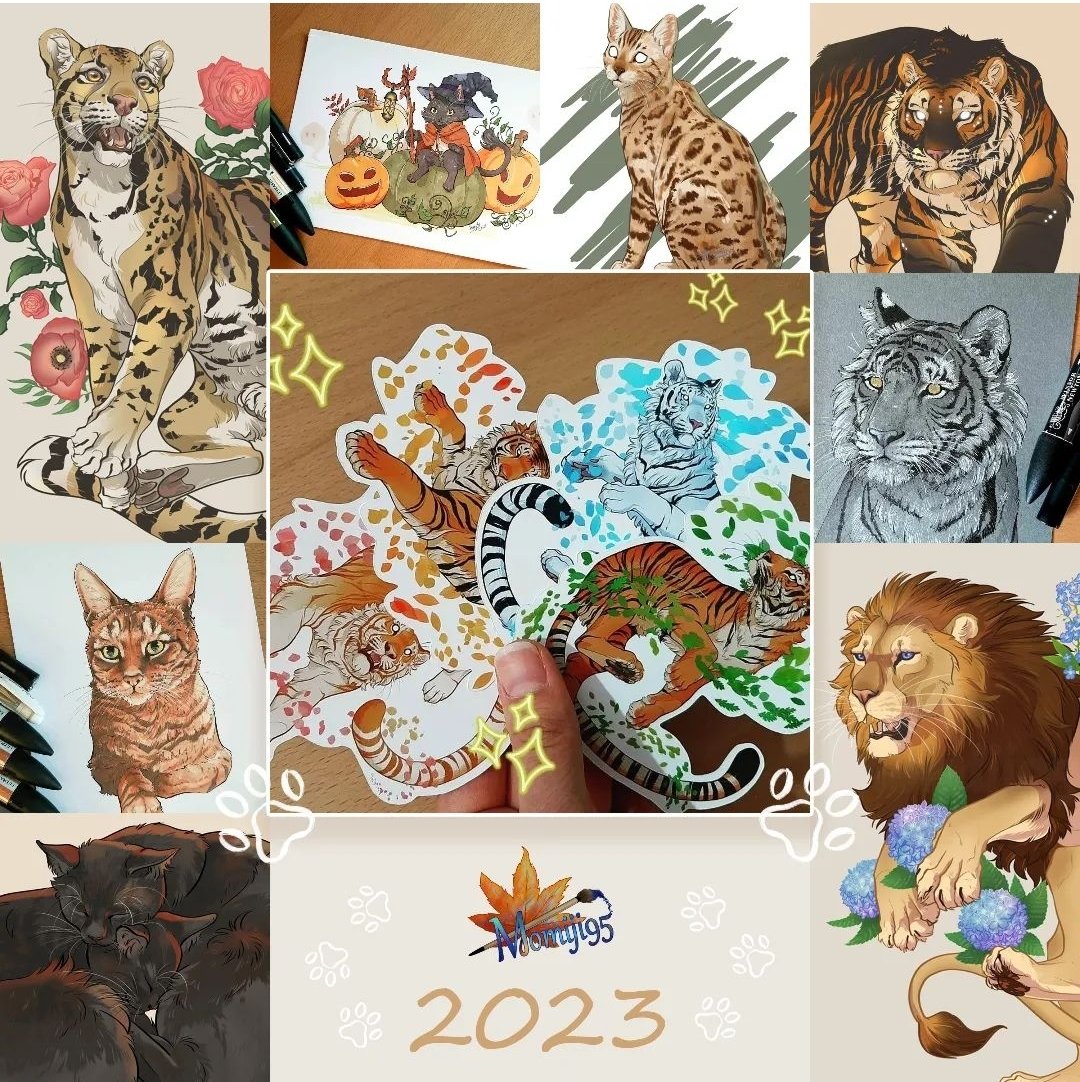Momiji95's tweet photo. Here's a recap of 2023 for me! I didn't draw as much as I would've liked, and I didn't get to go through with my tiger stickers ideas... Because I published my first children book 😙

How was 2023 for you, guys?

#tiger #lion #bigcat #animalartist #wildlifeartist #momiji95 https://t.co/MWdKkzdoFQ