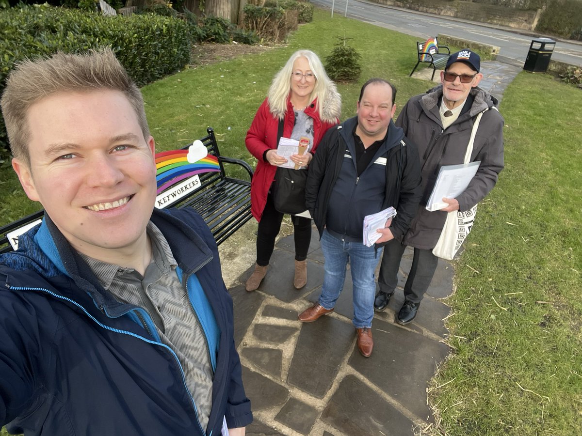 We’ve been out speaking to local residents along Potovens Lane this morning. Stopped by to see how the key worker 🌈 benches were doing which we had installed a few years ago. #labourdoorstep