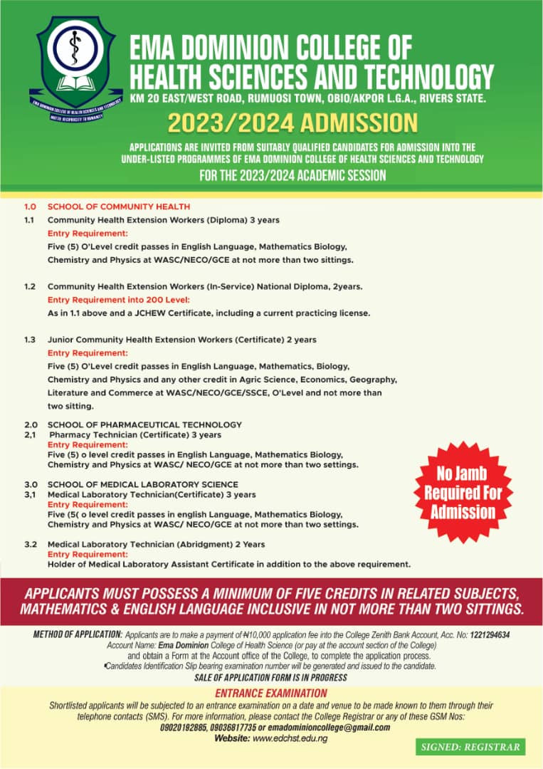 LDorado1021's tweet photo. A private College of Health Sciences and Technology in Rivers State, Nigeria offers admission into the following programmes: Medical Laboratory Tech., Pharmacy Tech. and Community Health Extension Workers(CHEW, JCHEW and IN-SERVICE) https://t.co/5x99hTteky