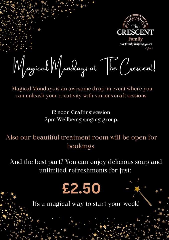 Magical Mondays ✨️ 10am-2pm Make Friends
Relax in our luxurious Living room ☕️
Join in some Crafting in our Craft Room
Create some Music, Pop in for a brew &amp; natter
Unlimited refreshments &amp; Hot Soup for dinner inc: £2.50 Or book in for a pamper in our Wellbeing Suite 🥰🥰🥰