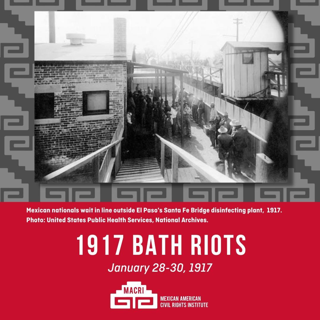 SomosMACRI's tweet photo. #OTD in 1917, the infamous #BathRiots erupted at the El Paso-Juarez border crossing station when Carmelita Torres, a 17-year-old maid who crossed daily from Juarez to El Paso to work, refused to endure a gasoline bath - an unsafe and humiliating procedure rooted in racism. https://t.co/d1QbOOlW97