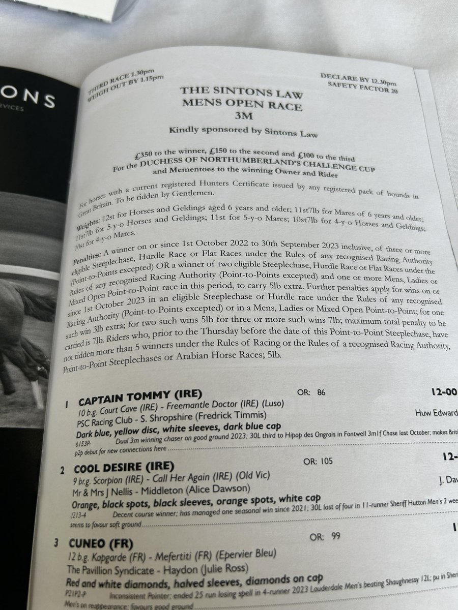 We are delighted to again be sponsoring The <a href="/SintonsLaw/">Sintons LLP</a> Men’s Open Race at the Percy Hunt <a href="/pointtopoint/">pointtopoint.co.uk</a> in #Alnwick. Fantastic local grassroots meeting. Captain Tommy <a href="/TomWills1981/">Tom Wills</a> for the win?