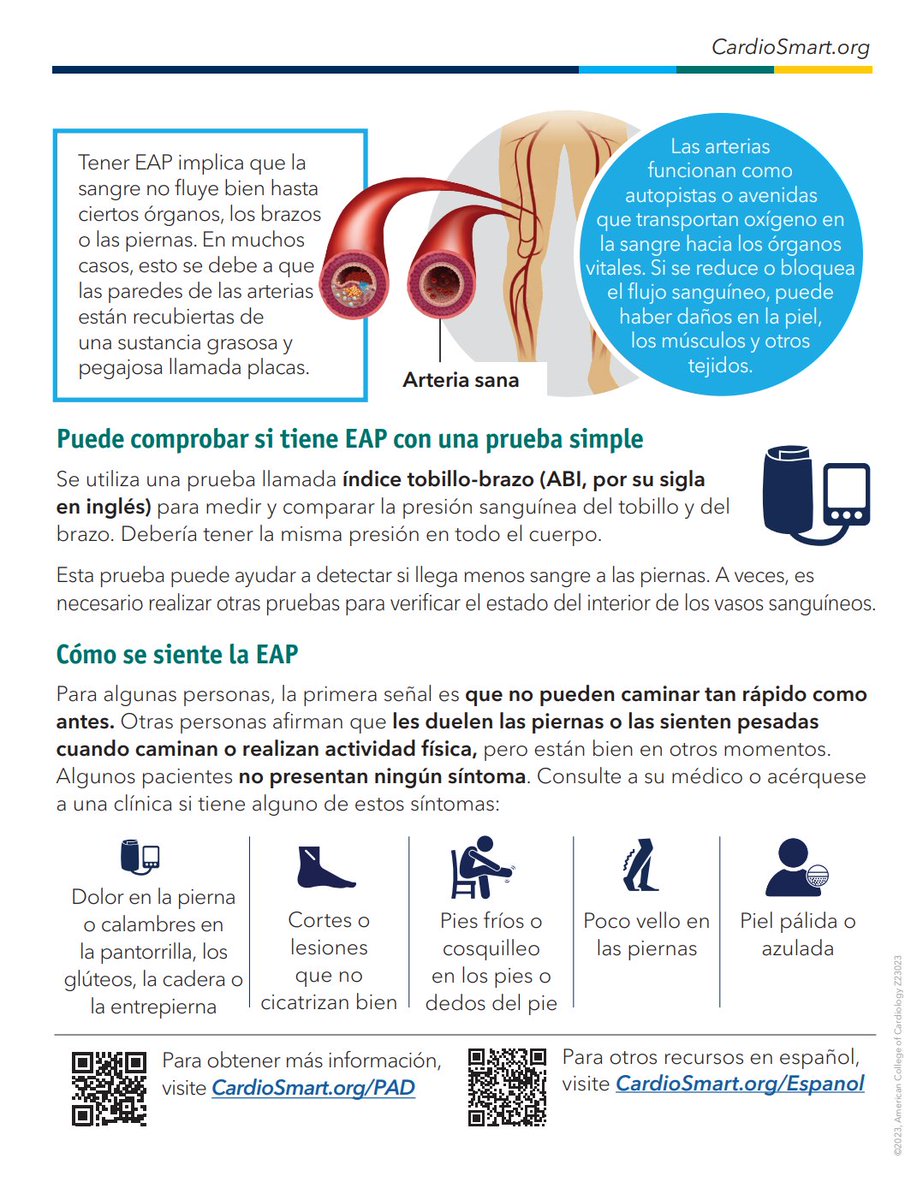 🚨🚨🚨 @CardioSmart has #PAD pt education now available in #Spanish! Can't wait to share this with our patients! Go to their website for more: cardiosmart.org/topics/interna… @MCoylewright @DrMarthaGulati @VietHeartPA @DrCVaz @JVargheseMD @padadvocate @PVDCouncil @DrAmyPollak