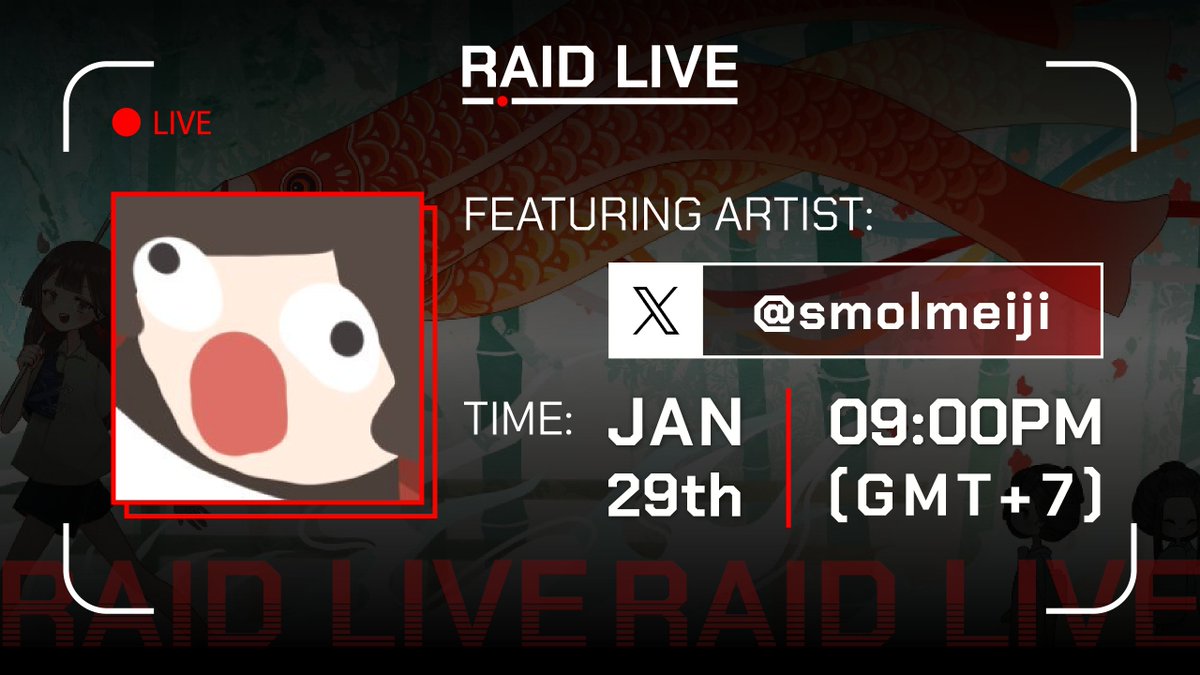 📹 The New Live Stream is coming! 🎨 This time the artist will Create online！Let's dive in and witness the magic unfold 🪄 🧑‍🎨Artist: @smolmeiji ⏰Time: Jan 29th 09:00pm(GMT+7) 🛜 raid.xyz/live/cba49nem8… Don’t miss it ！！