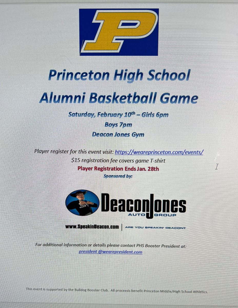 TODAY IS THE LAST DAY TO REGISTER!! Registration for the Alumni Basketball Game closes tonight, Sunday night, January 28th! Get signed up for a bunch of fun on February 10th. Use link below to get registered: weareprinceton.com/event/2024-alu…