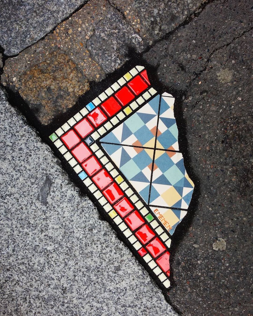 HWarlow's tweet image. There is a group of folk going around filling pavements and cracks with mosaics.   
I’m having problems getting tweets out…Sorry.   
The brainchild of this operation on the streets is from Lyon ‘Ememem 
‘Pavement Surgeon