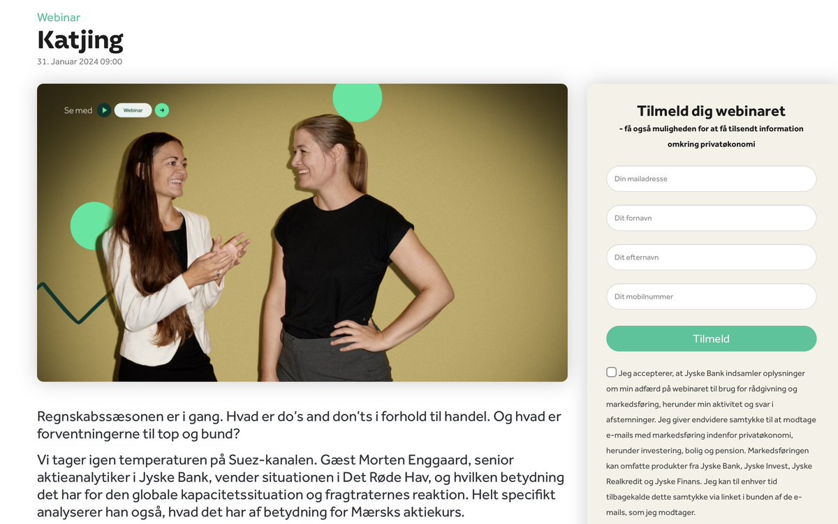 Lassehoegfeldt's tweet photo. For de aktie-interesserede har vi premiere på webinaret “Katjing” på onsdag kl. 9.00. Unik mulighed for at kunne stille spørgsmål til aktiestrateg Michelle Nørgaard. Fokus i første webinar er regnskabssæsonen og Suezkanalen. Tilmelding på https://t.co/1GdCE74ygX #aktier #dkbiz https://t.co/e8BxxkYgH5