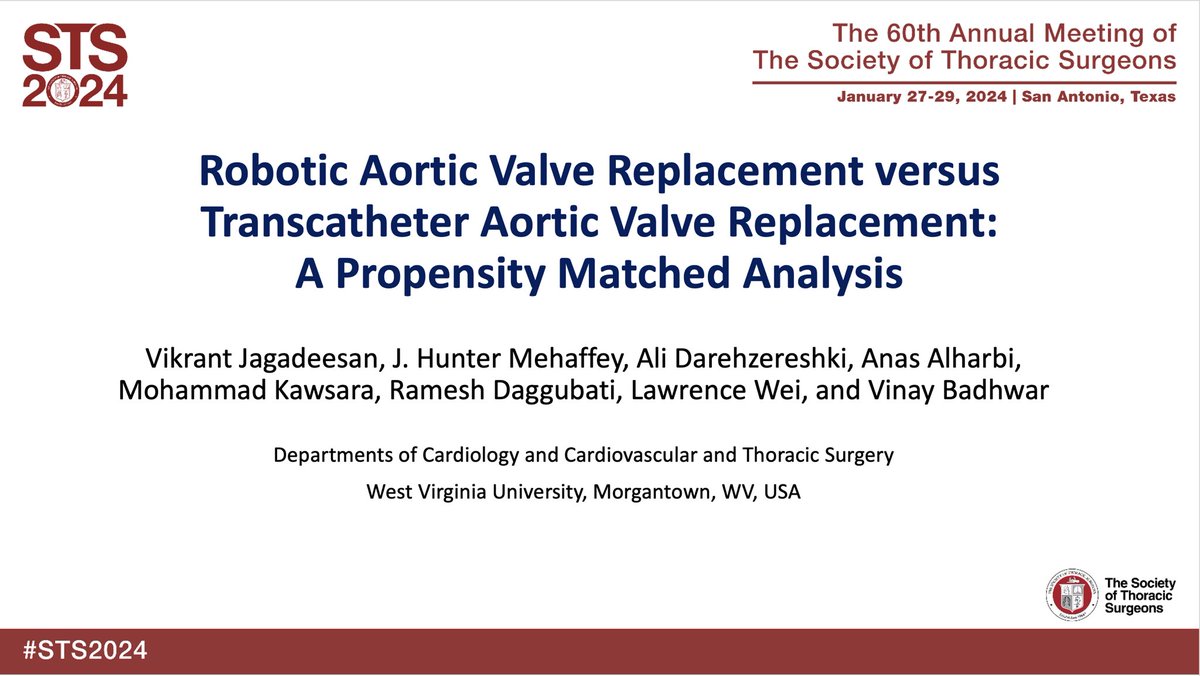 adarehzereshki's tweet photo. Bring SAVR Back!
Congratulations @vikjag45 and @hunter_mehaffey for an excellent presentation and Heart Team discussion on “RAVR vs TAVR” At #STS2024!
#robotic_aortic_valve_replacement
#RAVR
#TAVR
@STS_CTsurgery https://t.co/DTHw4m6Rc4