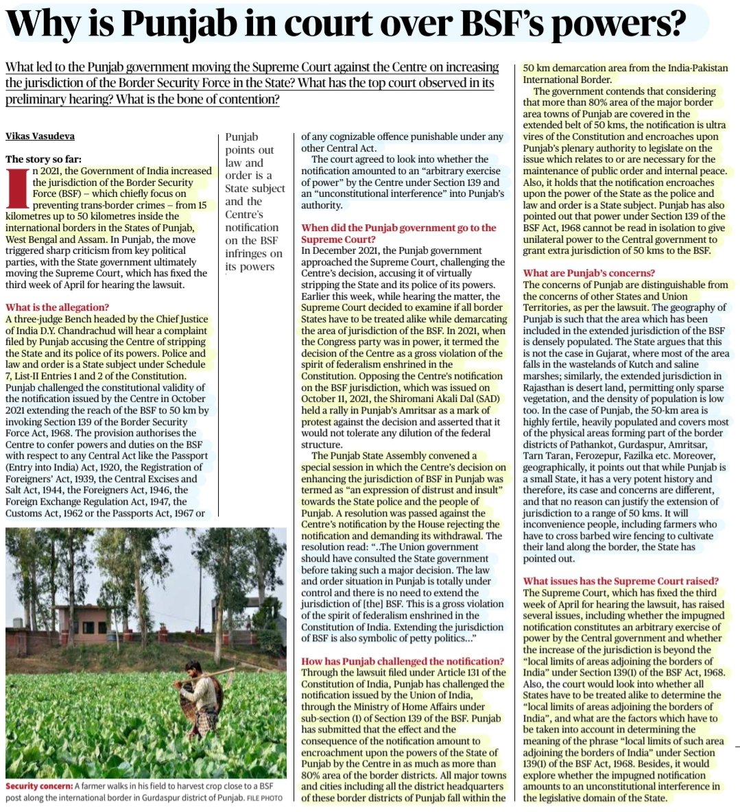 imRavikantYadav's tweet photo. #BorderSecurityForce jurisdiction

"Why is Punjab in Court over BSF's Powers?"

:Well explained by Sh Vikas Vasudeva
@vasudevavikas 

#BSF #Jurisdiction 📈
#Punjab #WestBengal #Assam 
#Police #law #Order #StateSubject
#BorderSecurity
#SupremeCourt 

#UPSC 

Source: TH https://t.co/RiiQEiVIJw