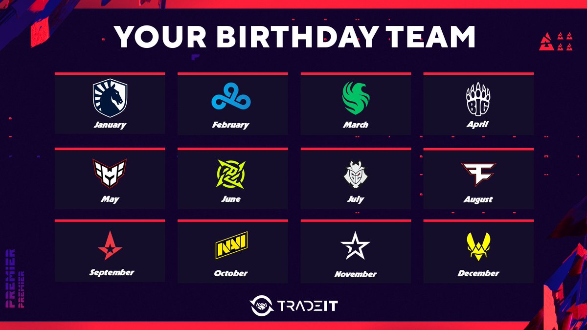 BLAST Premier 💥 (@blastpremier) on Twitter photo Taking your birth month, which BLAST Premier team are you? 👀 
#BLASTPremier <a href="/tradeit_gg/">Tradeit</a> Taking your birth month, which BLAST Premier team are you? 👀 
#BLASTPremier <a href="/tradeit_gg/">Tradeit</a>