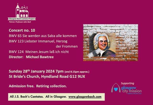 TONIGHT at 7pm: our tenth concert since we launched two years ago! 🥳🎺🎻🎶
Join us as we perform 3 cantatas Bach wrote for Epiphanytide: gold, frankincense, myrrh, wise men and great musical treats. 

Free admission - all in aid of Glasgow City Mission

glasgowbach.com/?p=154