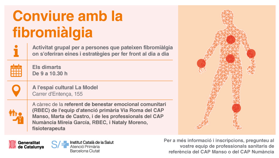 primariaicscat's tweet photo. 🤯 L'espai cultural La Model acull una activitat grupal per a persones que pateixen fibromiàlgia on rebran eines i estratègies per fer front el dia a dia

Se celebra els dimarts de 9 a 10.30 h

A càrrec de professionals del #CAPManso (equip Via Roma) i del #CAPNumància https://t.co/DqNiCzKfxK