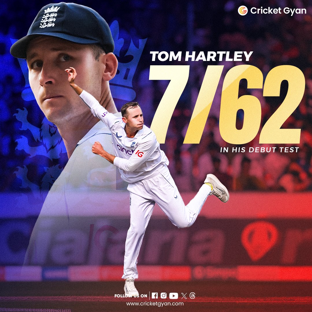 cricketgyann's tweet photo. Tom Hartley bagged 7/62 in his debut match as England beat India by 28 runs.
#tomhartley #hartley #debuttest #debut #debuttestmatch #ENGvsIND #IndiaVsEngland #Cricketgyan https://t.co/p2gL07iqam