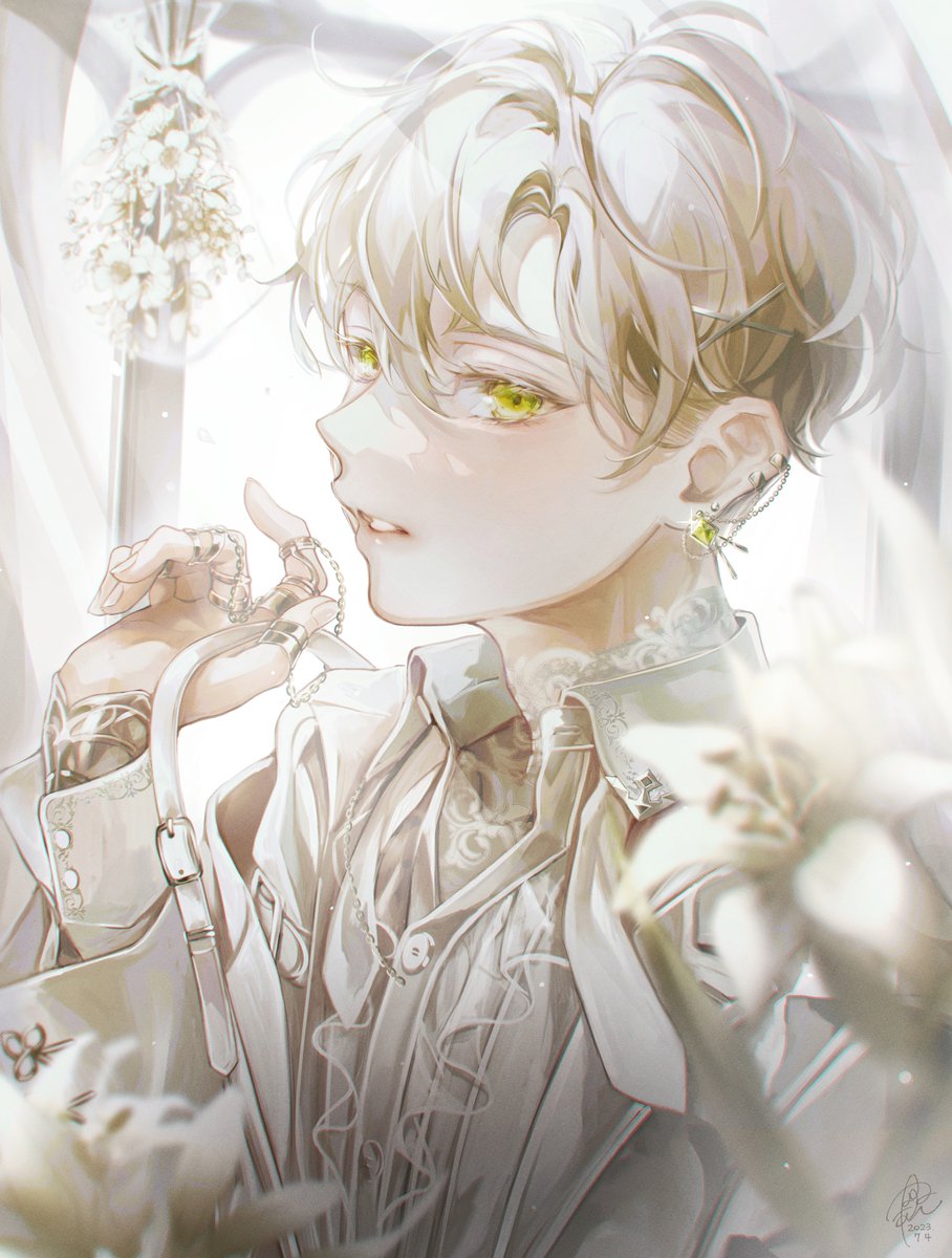 male focus 1boy jewelry solo blonde hair earrings flower  illustration images