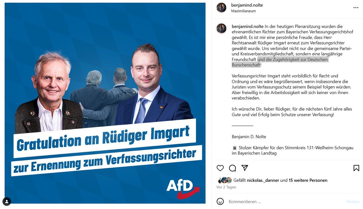 Rüdiger Imgart, laut „Autonomer Antifa Freiburg“ Mitglied der #Burschenschaft Ghibellinia in #Hannover (#DB), wurde kürzlich für die #AfD zum ehrenamtlichen Richter zum Bayerischen Verfassungsgerichtshof gewählt. Dazu gratulierte auch der Burschenschafter und AfD-MdL Nolte.#NoAfD