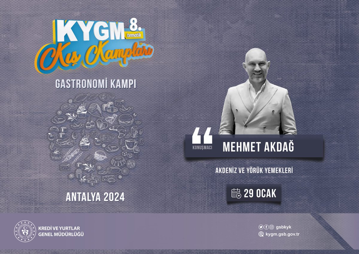 Antalya Gastronomi Kampında lezzet dolu bir serüvene hazır mıyız? 🔪🍲

Türkiye'nin enfes tatlarına, ünlü şeflerin sırlarına ve mükemmel yemeklerin ardındaki sanata dair her şeyi keşfetmek için öğrenciler kampa giriyor.

#GSBYurtlarıKampta