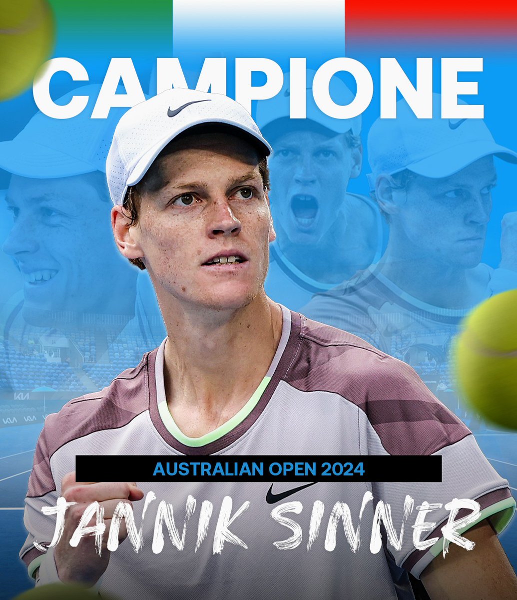 diegolballester's tweet photo. JANNIK SINNER 🇮🇹 CAMPEÓN DEL #AusOpen

Tuvo un torneo brillante. En semi destronó al N° 1 del mundo Novak Djokovic 🇷🇸 y hoy derrotó en la final a Daniil Medvédev 🇷🇺 3-6, 3-6, 6-4, 6-4 y 6-3 en un partidazo.

Primer #GrandSlam de su carrera
Tiene solo 22 años. Nace una estrella 💫 https://t.co/ocimbqdwG5