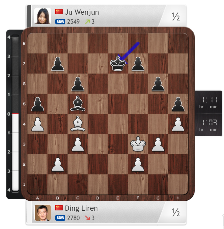 Women's World Champion Ju Wenjun draws her game with black against World Champion Ding Liren