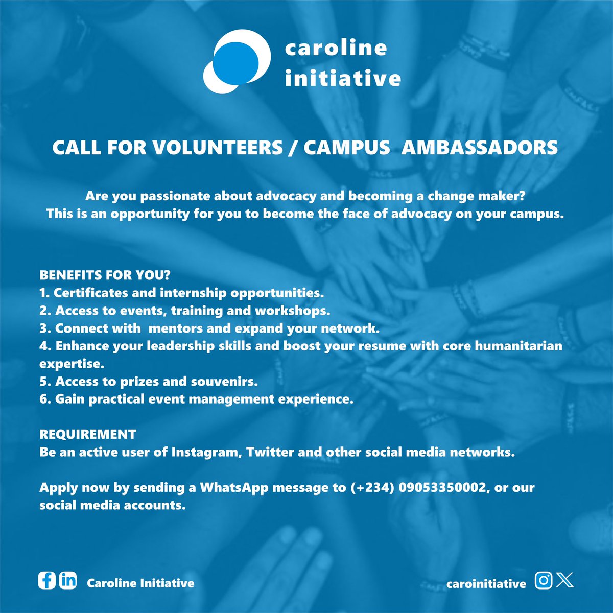 We invite individuals to join the cause of advocacy as a volunteer/campus ambassador. This is an opportunity to help the most privileged & earn experiences to aid your career. Apply by contacting us.

#CarolineInitiative #AdvocacyVolunteer #VolunteerOpportunity #CampusAmbassador