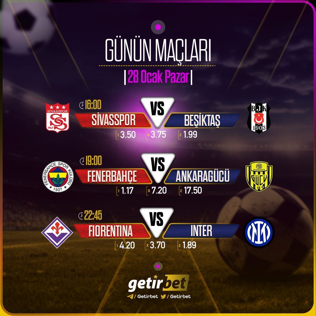 ⚽🏀🥎🏐  Günün maçları❗ 

✅  En yüksek oranlar Getirbet'te

#getirbet

16:00 Sivasspor v Beşiktaş

19:00 Fenerbahçe v Ankaragücü

22:45 Fiorentina v Inter 

🎁  %30 Havale bonusu ❗ 
🎁  %25  Casino discount ❗ 

👉   buff.ly/3OasUfS