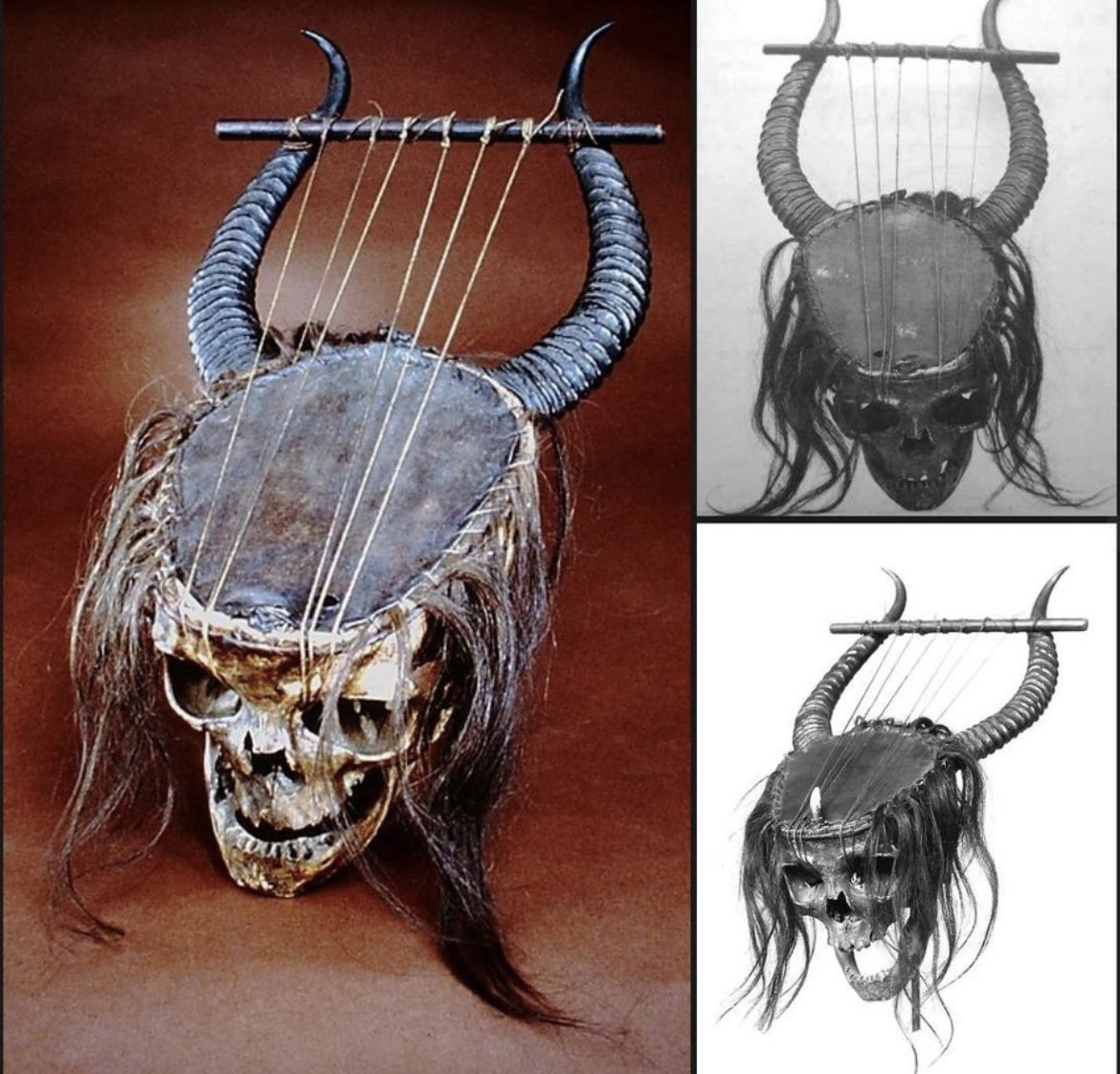 A Central African lyre made from a human skull, antelope horns, skin, gut, and hair.