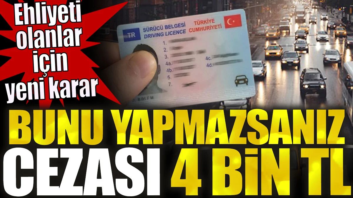 İçişleri Bakanlığı,ehliyet yenileme süresini ilk olarak 31 Aralık 2022 olarak açıklamıştı.Tarih uzatıldı ve 31 Aralık 2024'e çekildi.Ehliyetini 31 Aralık 2024 tarihine kadar yenilemeyenler,bu tarihten sonra eski ehliyetleri ile trafiğe çıkmaları halinde 4 bin 64 TL ceza ödeyecek