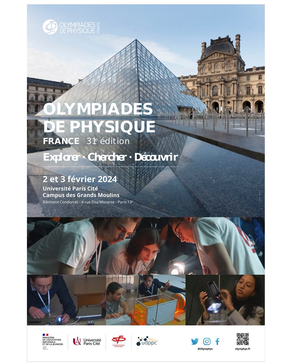 [📢31èmes Olympiades de Physique @Olymphys avec <a href="/SFP_officiel/">Société Française de Physique</a> et <a href="/UdPPC/">UdPPC</a>] 
🔎Découvrez 25 projets scientifiques de physique de lycéens, le 3 février à <a href="/univ_paris_cite/">Université Paris Cité</a> ⤵️
sciencesalecole.org/evenement-31em…

<a href="/education_gouv/">Ministère Éducation nationale</a> <a href="/sup_recherche/">Ministère Enseignement supérieur/Recherche/Espace</a> <a href="/Obs_Paris/">Observatoire de Paris | PSL</a> <a href="/CercleFSER/">Cercle FSER</a> <a href="/Fond_CGenial/">Fondation CGénial</a> <a href="/MAIF/">MAIF</a> <a href="/Casden_BP/">CASDEN</a>