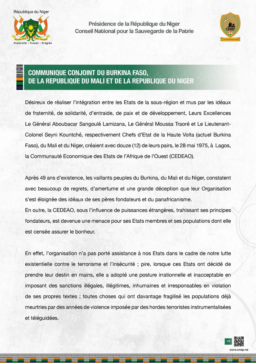 PresidenceNiger's tweet photo. 🔴COMMUNIQUE CONJOINT DU BURKINA FASO, DE LA REPUBLIQUE DU MALI ET DE LA REPUBLIQUE DU NIGER https://t.co/IiBs7G7vav