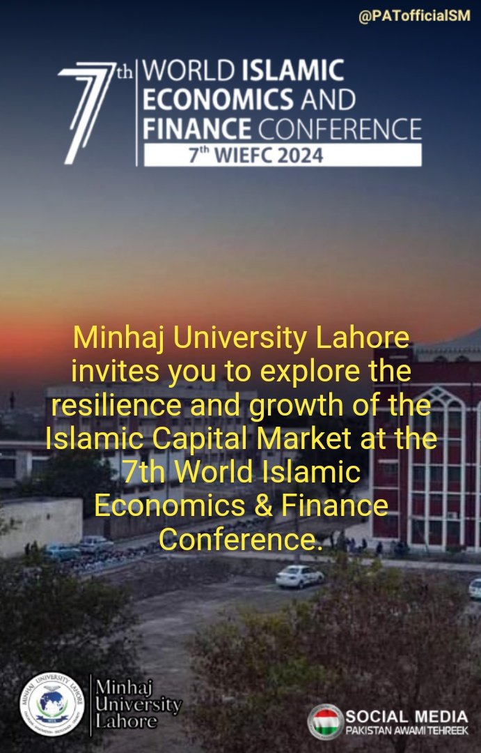 Minhaj University Lahore invites you to explore the resilience and growth of the Islamic Capital Market at the 7th World Islamic Economics &amp; Finance Conference.
<a href="/OfficialMUL/">Minhaj University Lahore</a> <a href="/DrHussainQadri/">Prof. Dr. Hussain Qadri</a> 
#wiefc2024