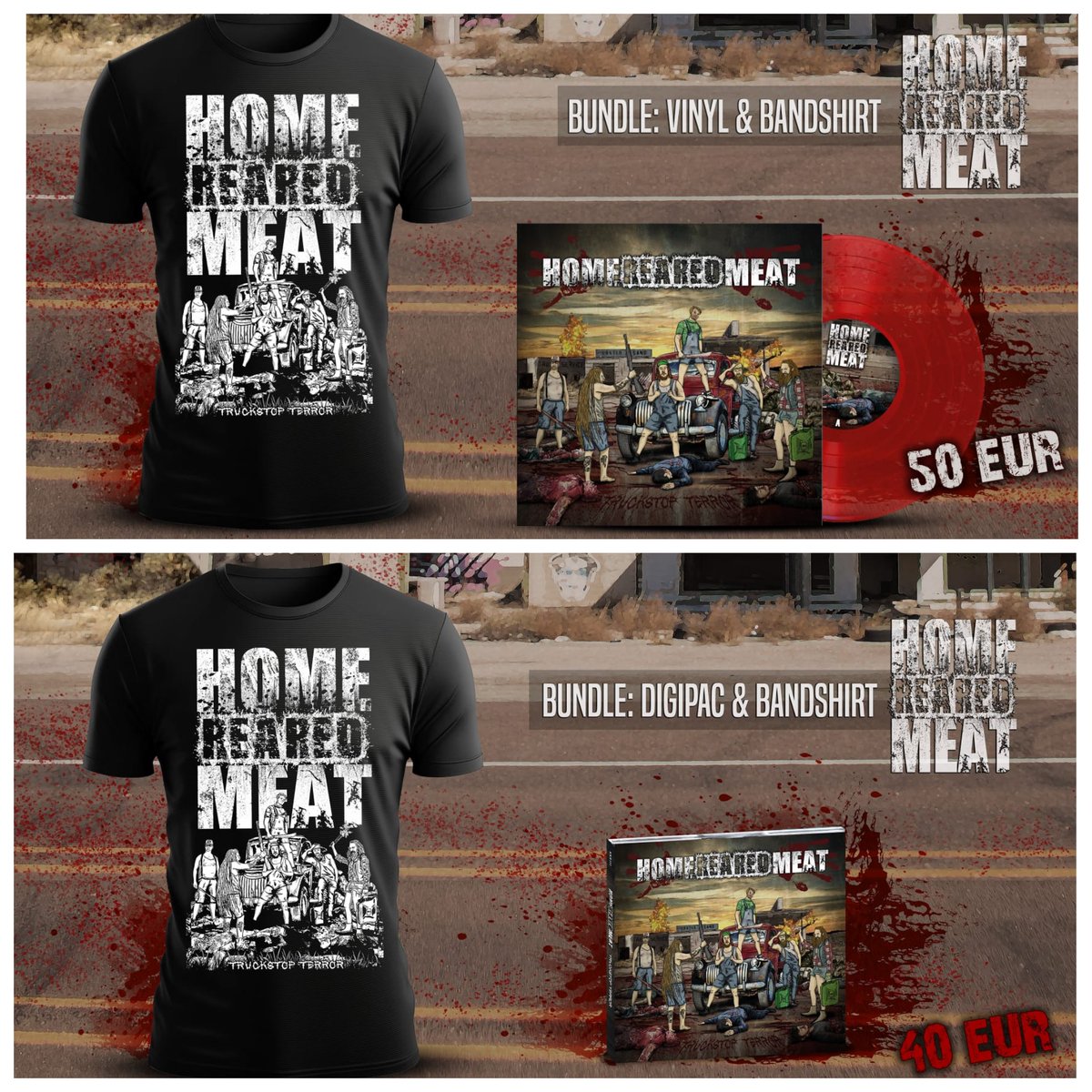 homerearedmeat's tweet photo. 1.Allright Ladys and Gentleman, 
Es kann losgehen. Wir starten nun offiziell den VVK für unsere neue Platte TRUCKSTOP TERROR. 
Zusätzlich gibts ein streng limitiertes T-Shirt.
Das wird es nie wieder geben. Nur hier, nur jetzt im VVK. 
Wir haben euch hier zwei fantastische Bundles https://t.co/IwwVZgFT1f
