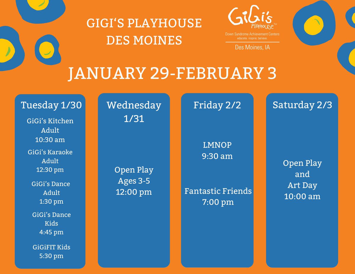 GiGisDesMoines's tweet photo. Happy Sunday, Friends! 👋

We've got another FUN week of programming planned here at GiGi's Playhouse Des Moines! Check out our calendar for more info and to sign up! https://t.co/2FNBUXmyGZ 💙💛

#gigisplayhousedesmoines
#weeklyprogramming
#educateinspirebelieve
#generationG https://t.co/OuEz7HQbBx